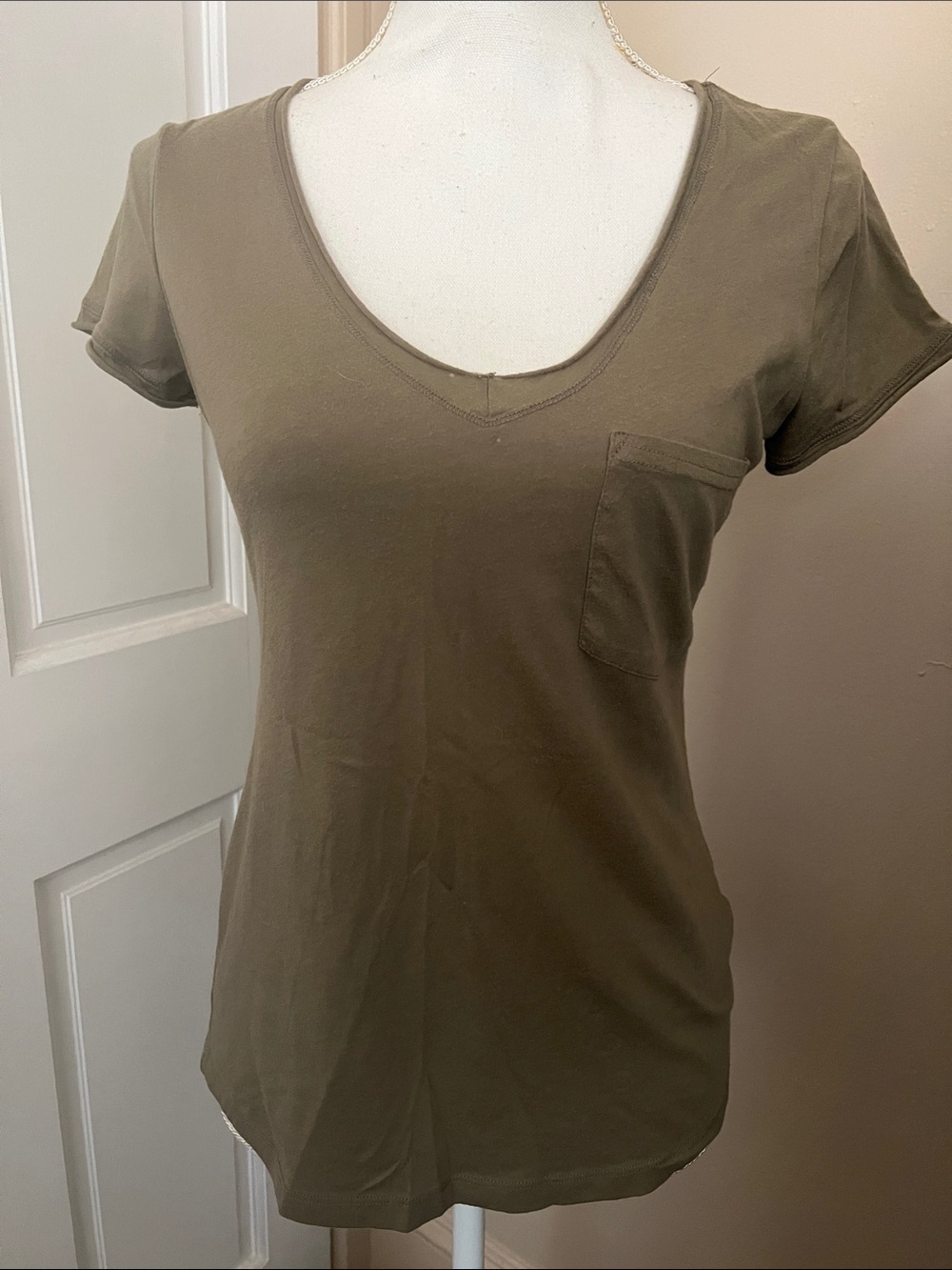 Garage -Women's Olive Short Sleeve V-Neck Tee with Pocket